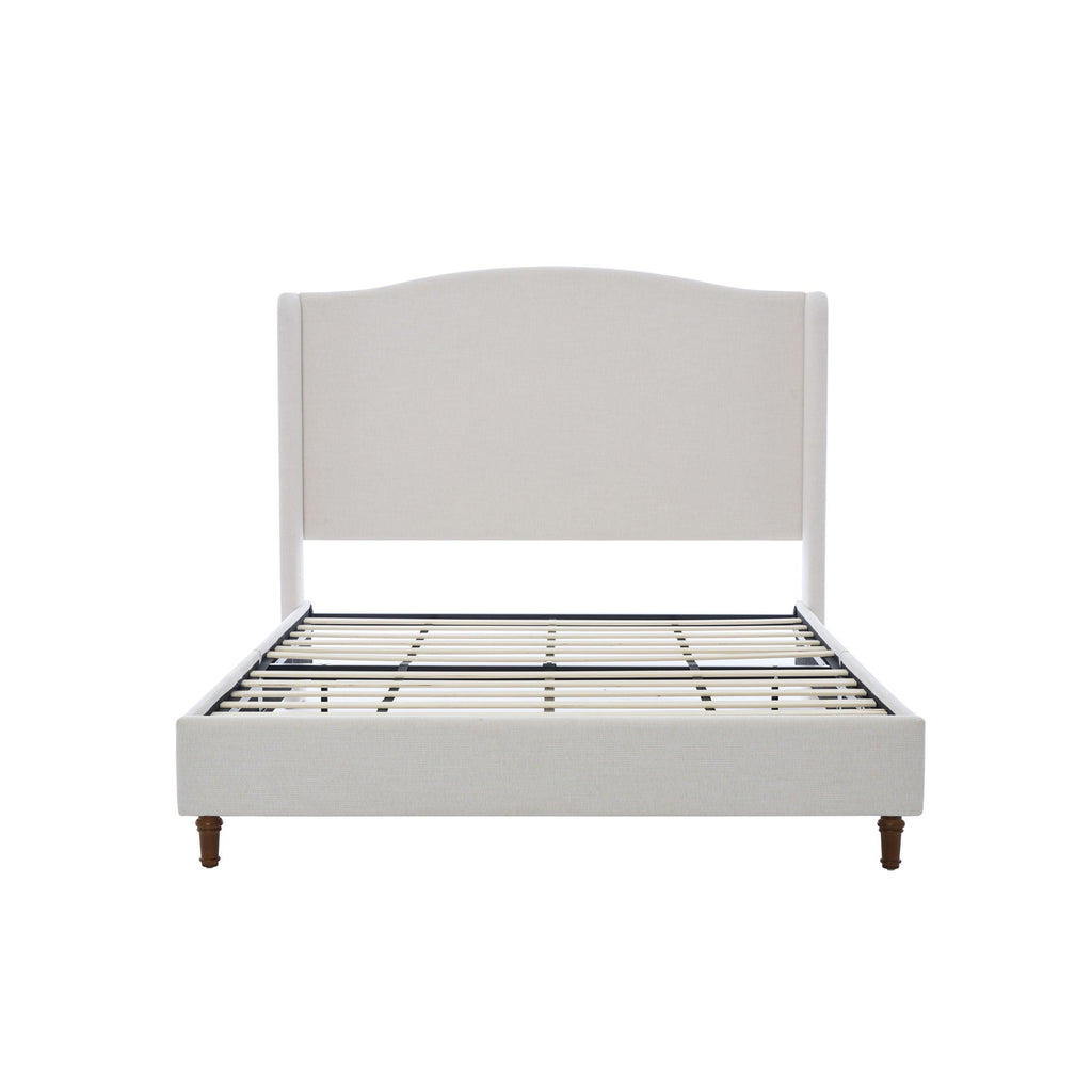 Beige Upholstered Wingback Bed with Tall Headboard – King or Queen