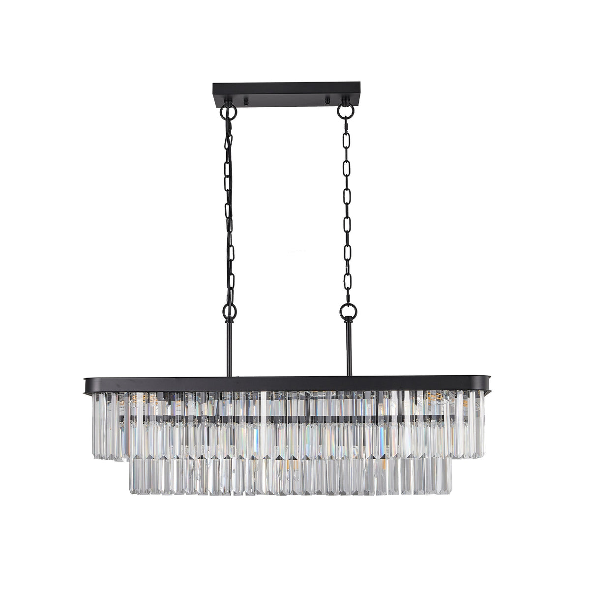 Rectangular Crystal Chandelier with Adjustable Height - Black Iron & Crystal