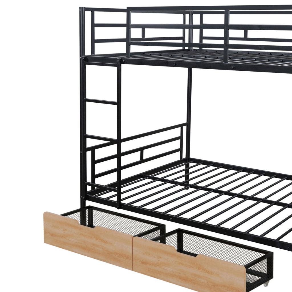 Full Size Bunk Bed With Built In Desk, Light, And 2 Drawers - Black