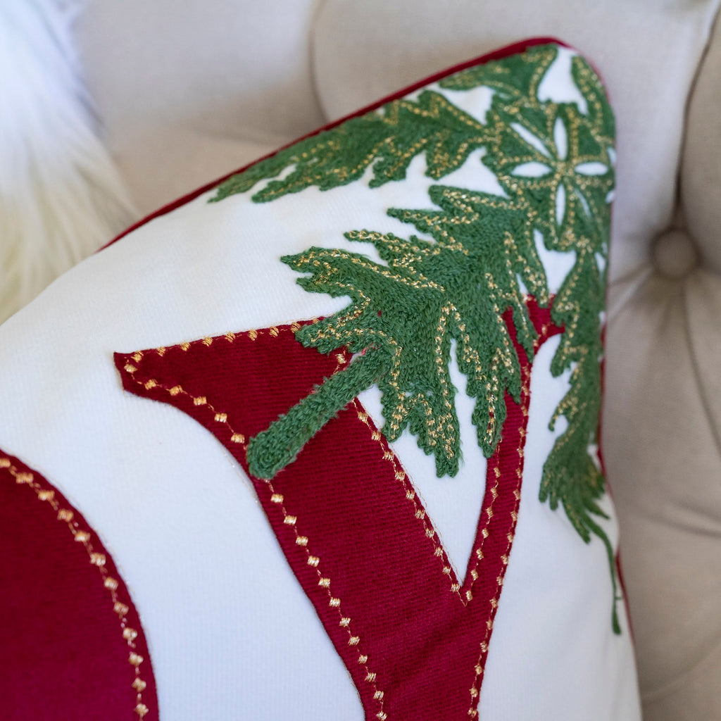 Joy Embroidered Christmas Throw Pillow with Velvet Finish - White and Red