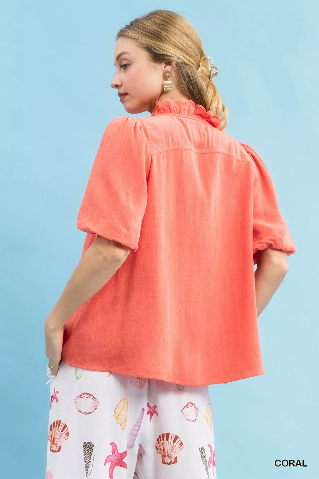 Umgee Linen Scallop Trim V-Neck Blouse