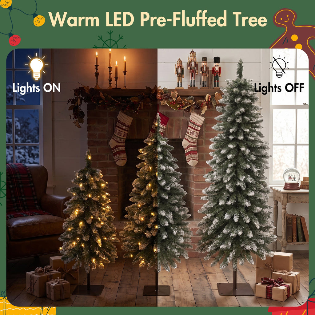 Pre-Lit Snow Flocked Pencil Christmas Tree Set - White (3-Pack)