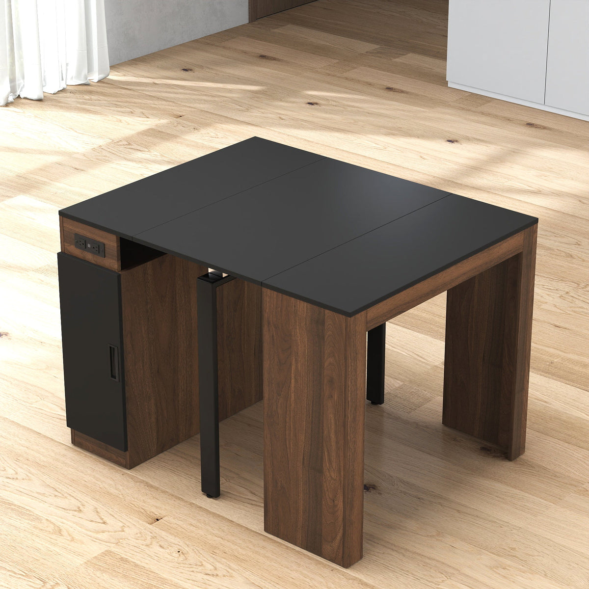 Modern Multifunctional Extendable Dining Table with Outlet - Walnut+Black or White