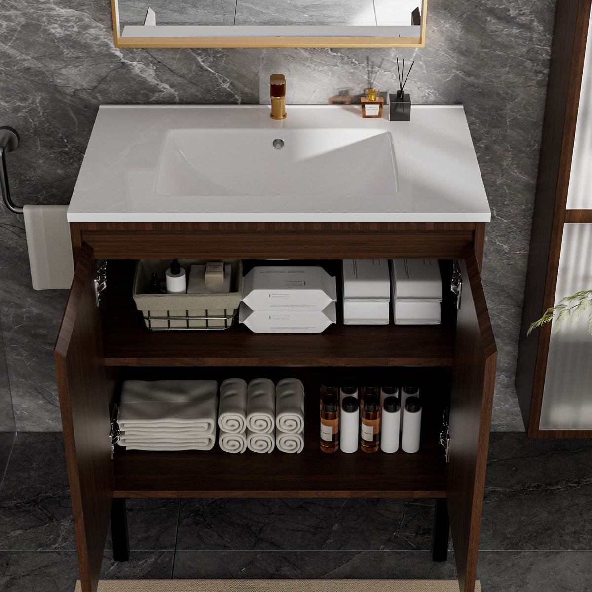 Bathroom Vanity With Ceramic Sink, Floor-Standing Design, Soft-Closing Drawers