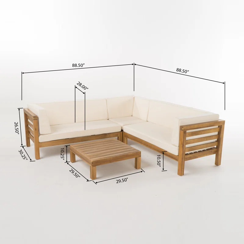 Outdoor Wooden Sectional Set with Cushions - Beige