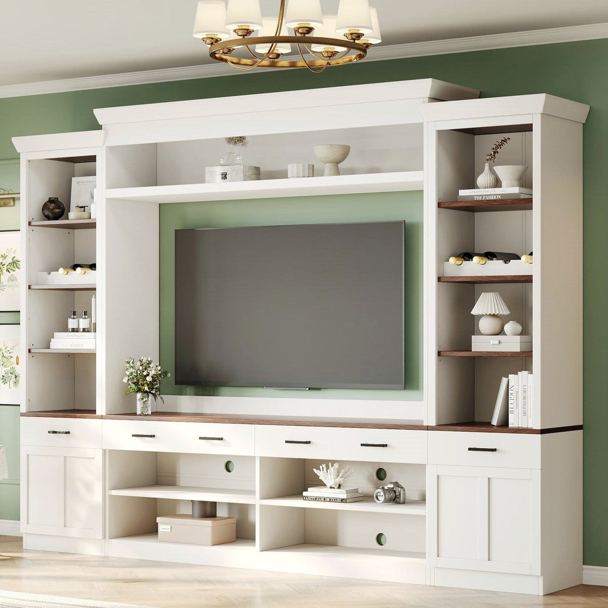 Farmhouse 4-Piece Entertainment Center with Bookshelf for TVs Up to 70" - Walnut MDF
