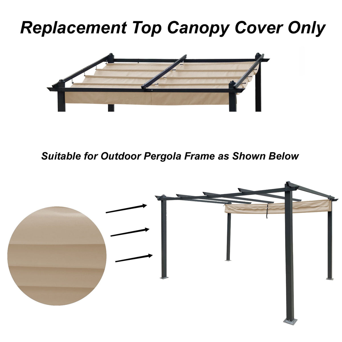 Replacement Canopy Top Cover Fabric for Retractable Pergola - Beige or Dark Gray