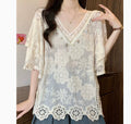 Womens Fashion Embroidered Hollow Lace Short-Sleeve Shirt