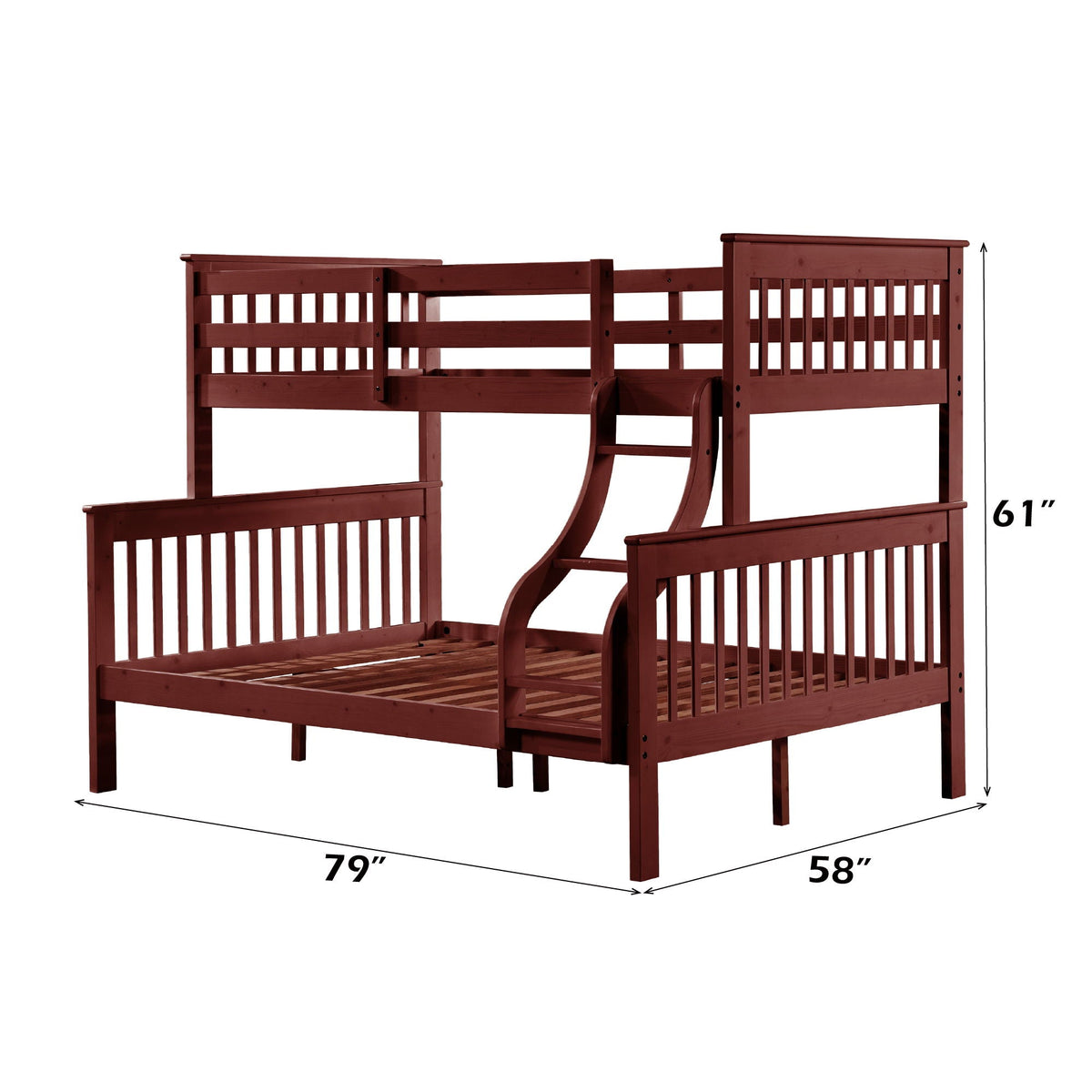 Twin Over Full Bunk Bed with Secure Ladder and Slat System - Dark Red or Gray
