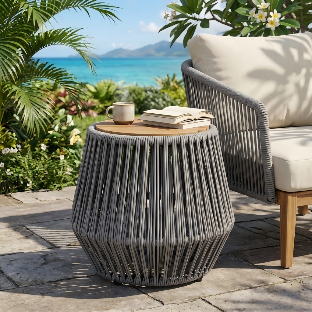 Acacia Wood Side Table with Grey Rope Design - Grey, Teak