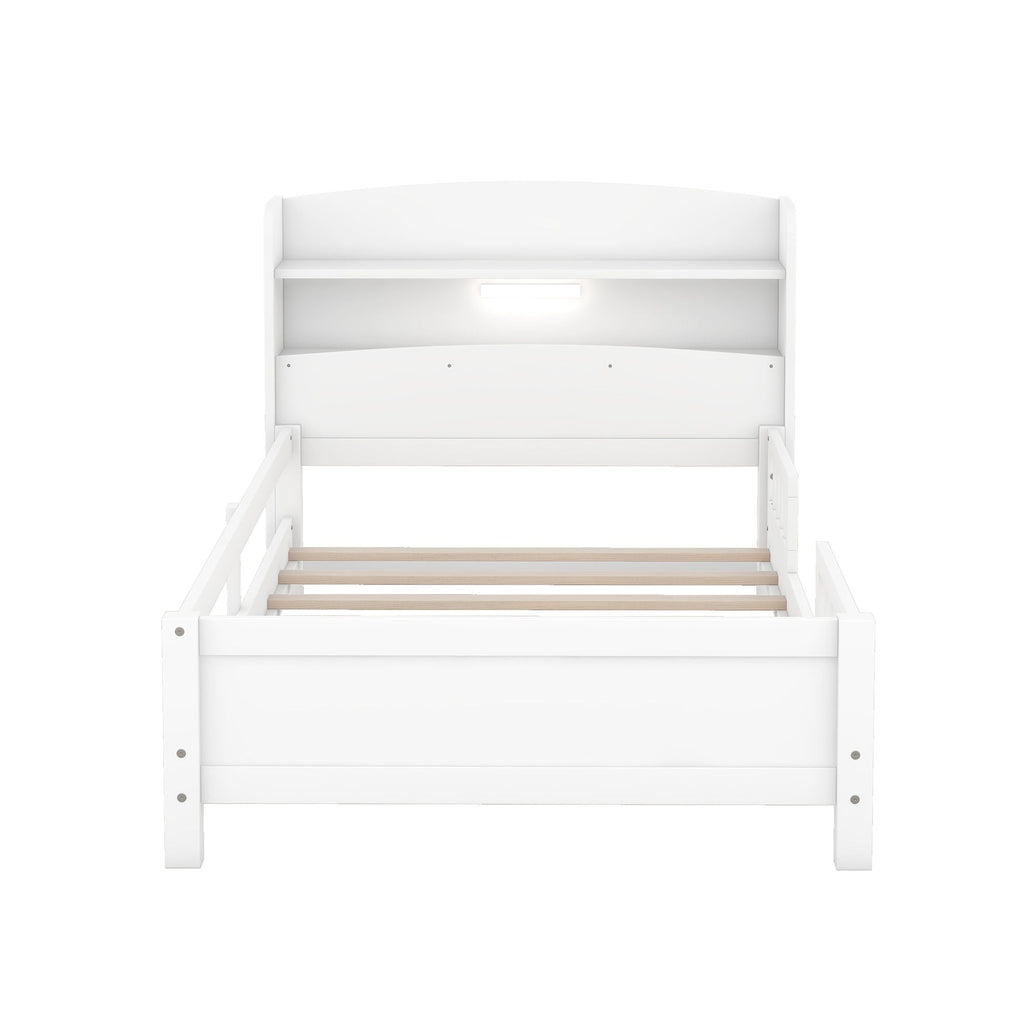 Wood Platform Bed With Built In LED Light, Storage Headboard And Guardrail