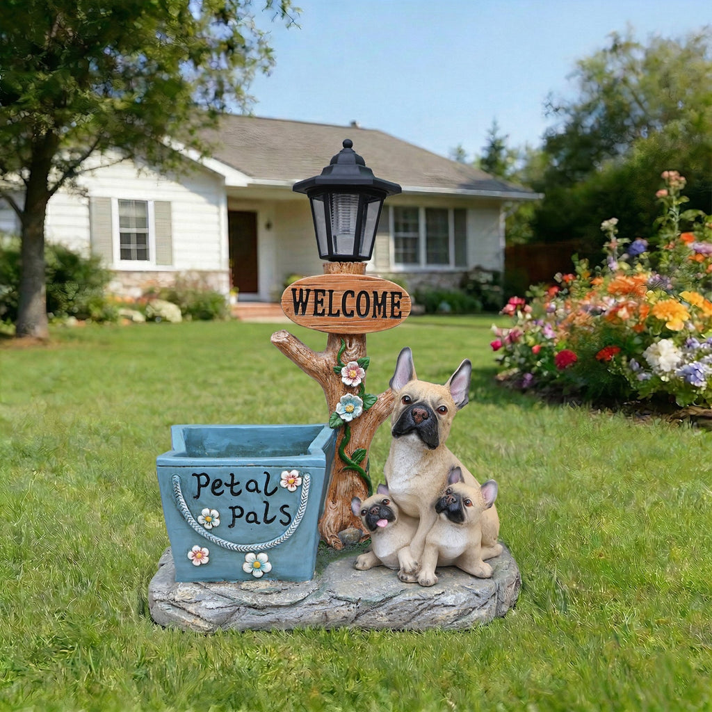 French Bulldog Family Planter Statue with Integrated Planter - Resin