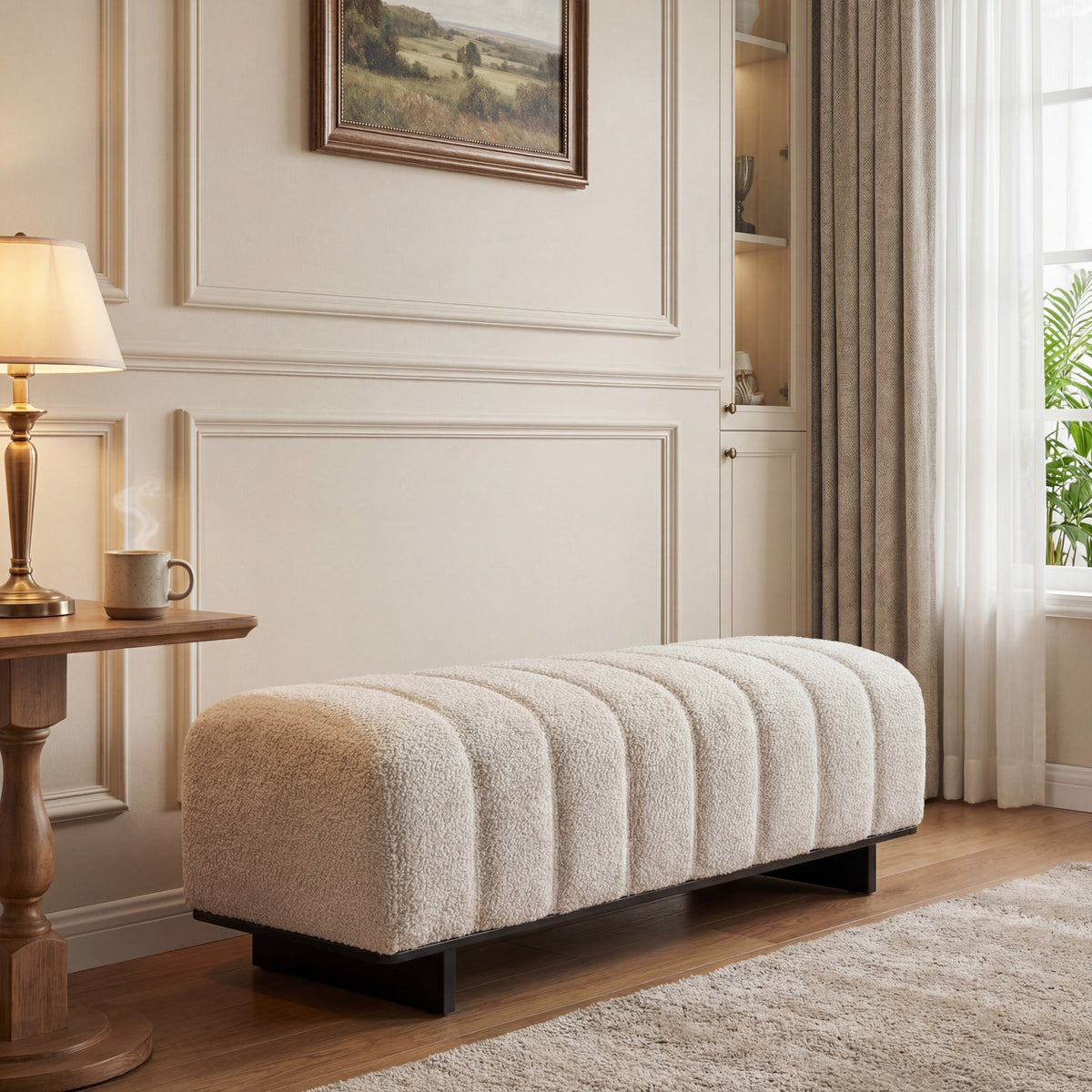 Indoor Dining Bench with Faux Fur Upholstery - Beige
