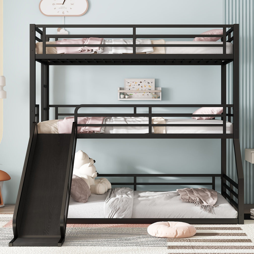 Twin Over Twin Over Full Bunk Bed with Slide - Metal Frame