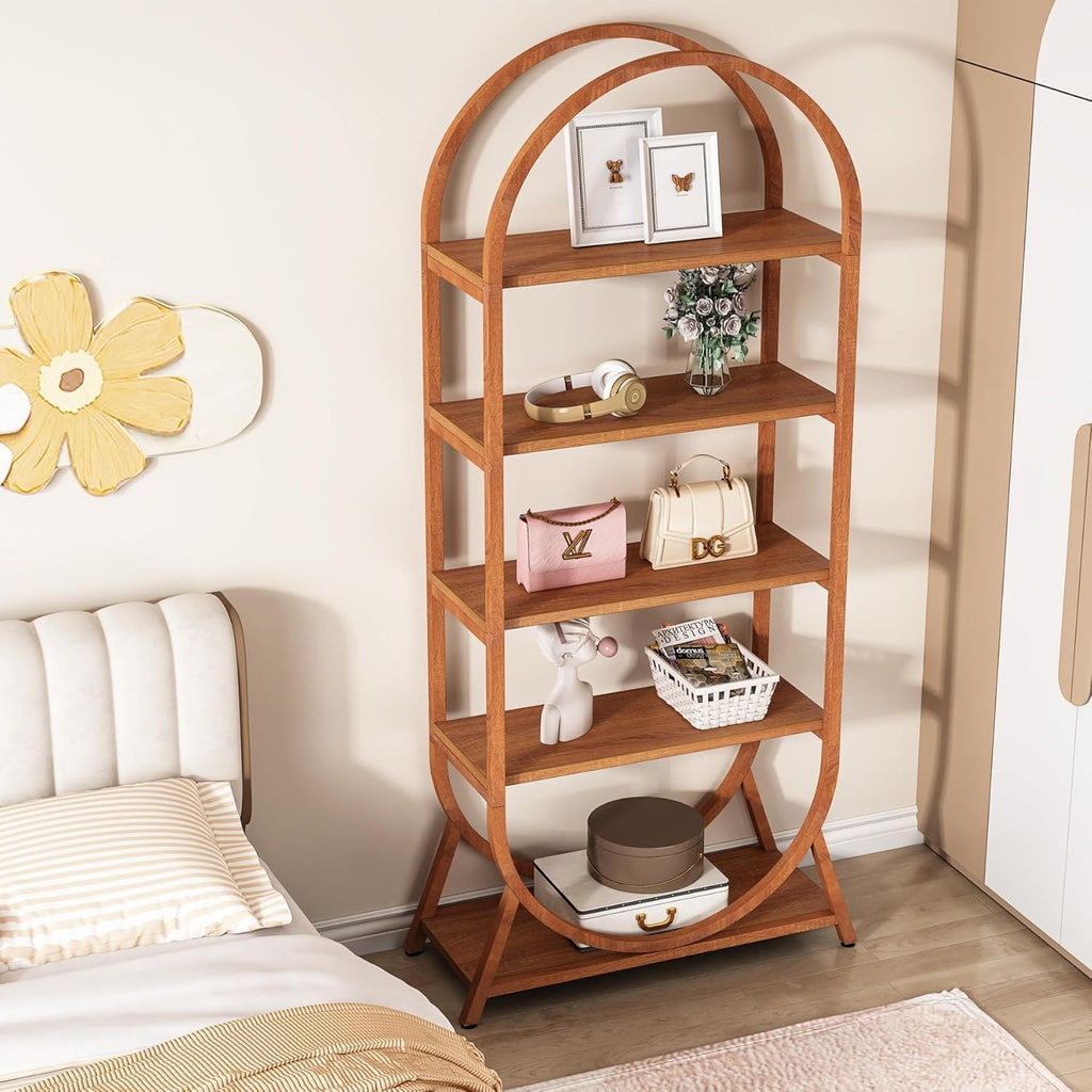 Arched 5 Tier Open Bookshelf with Modern Arch - Brown