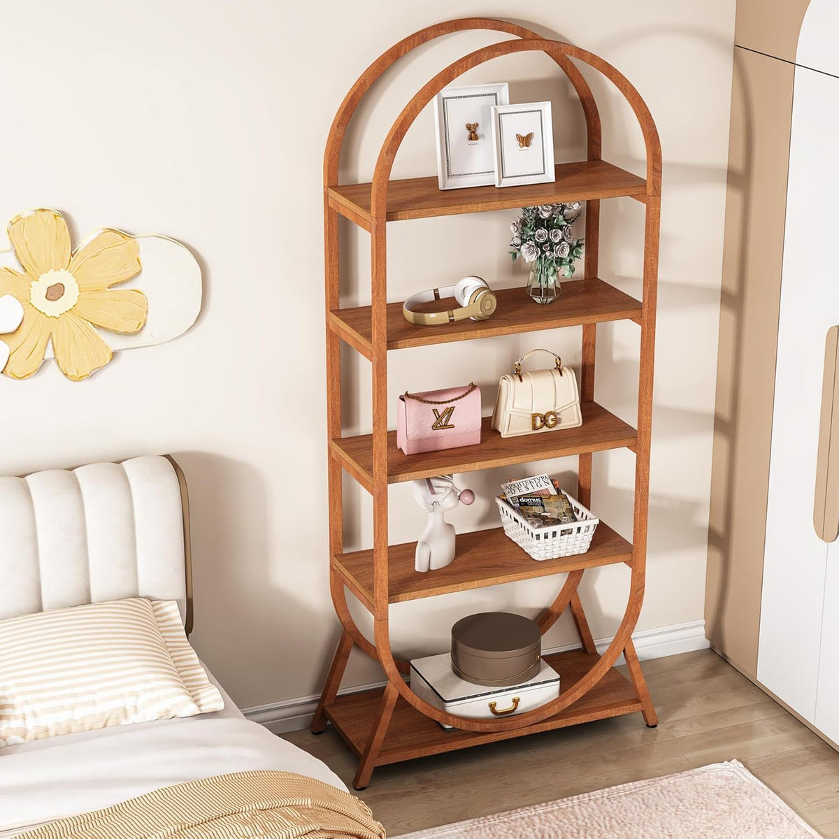 Arched 5 Tier Open Bookshelf with Modern Arch - Brown