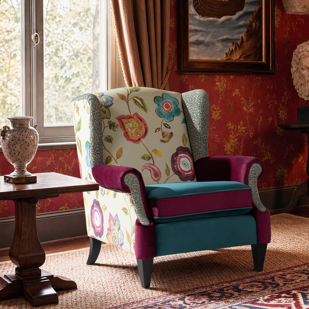 Anya Boho Chic Wingback Accent Arm Chair with Floral Print - Blue or Teal Multi