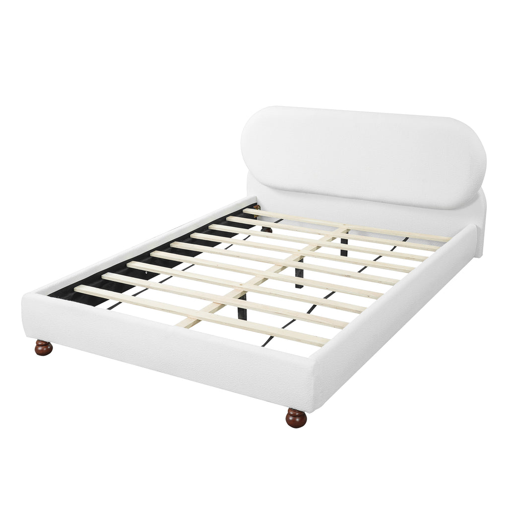 Cream Boucle Upholstered Queen Bed with Rubber Wood Foot