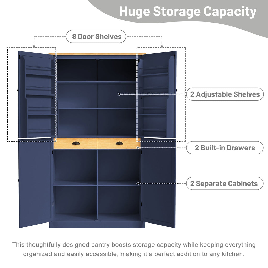 Large Freestanding Kitchen Pantry Storage Cabinet with Adjustable Shelves - Blue, Gray, White