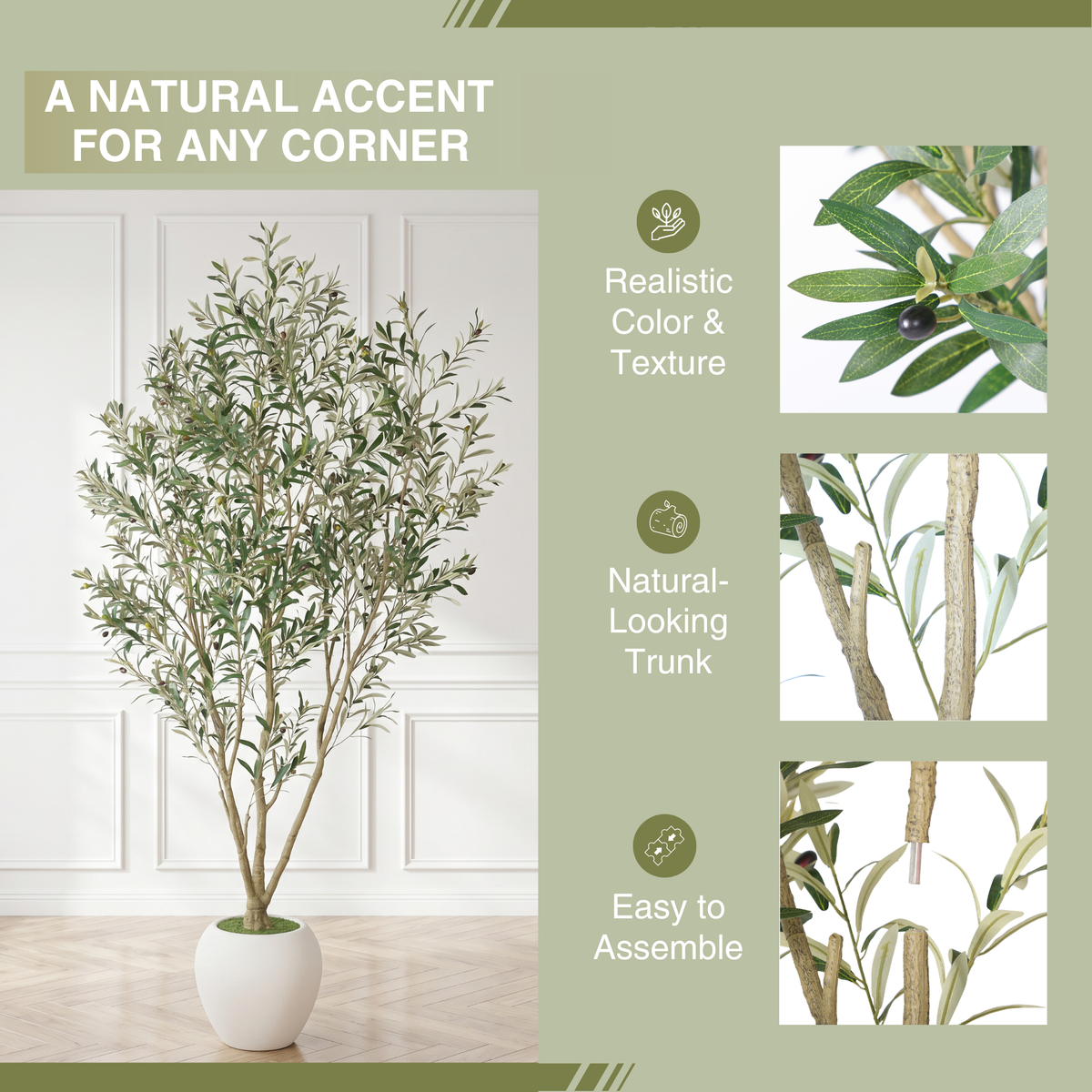 8FT Artificial Olive Tree with Decorative White Planter - Green Leaves