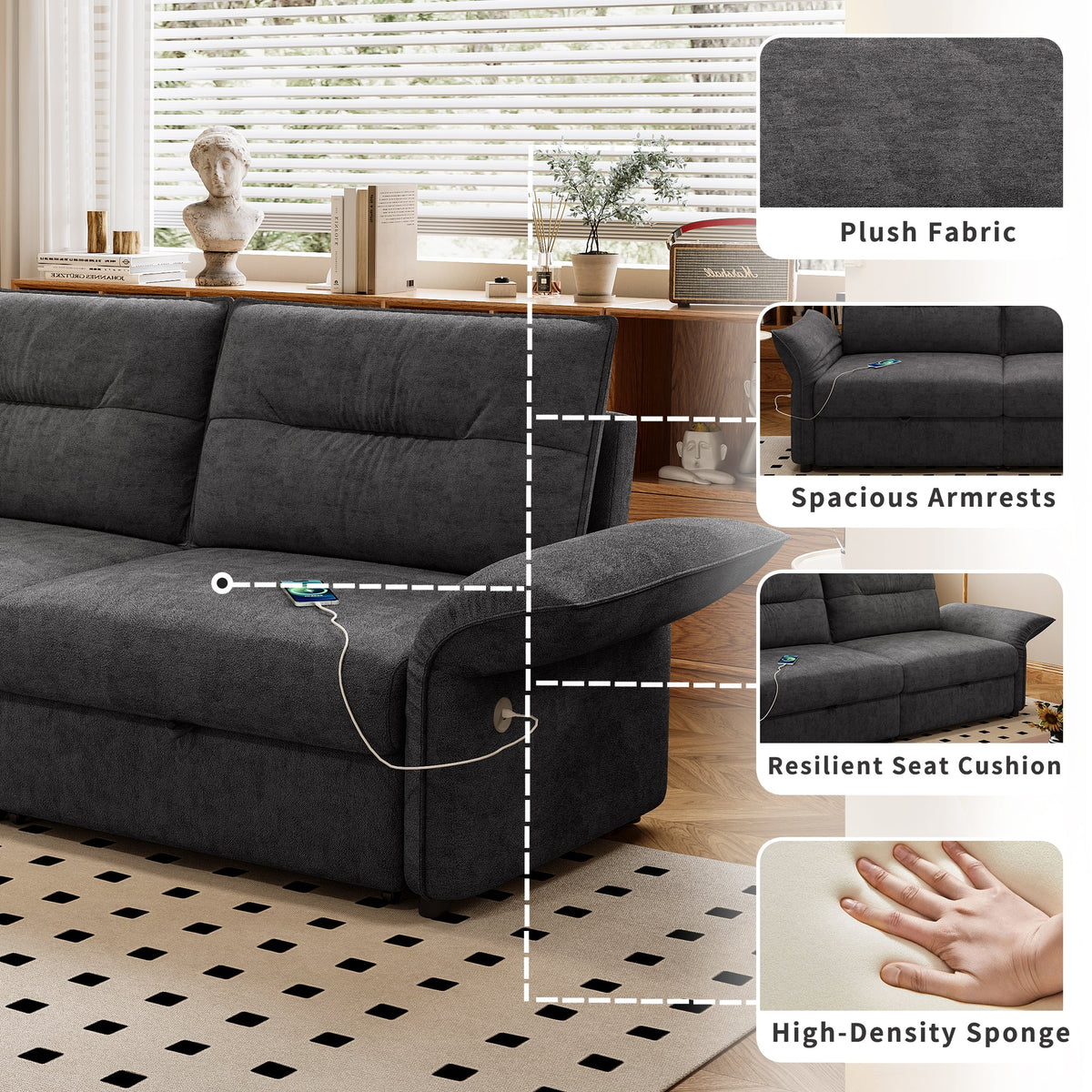 Grey Multifunctional Sofa Bed with Convertible 85-Inch Design - Plush Fabric
