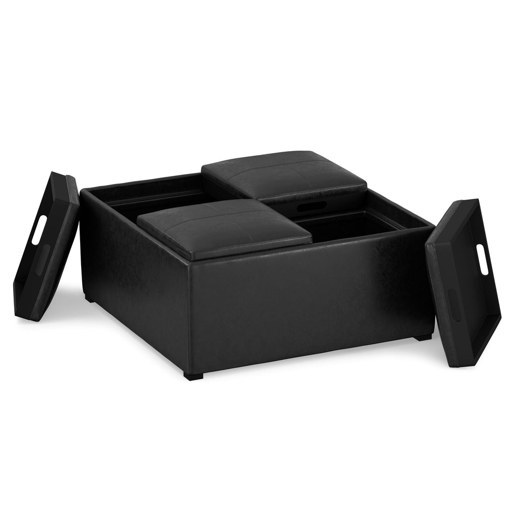 Upholstered Square Coffee Table Storage Ottoman with Flip Serving Trays - Black or Dark Brown