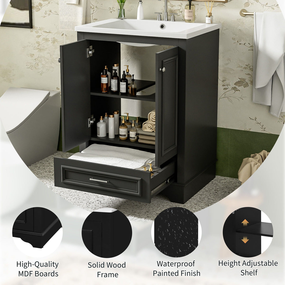 Modern Bathroom Vanity with Ceramic Sink Combo and Storage Cabinet - Multiple Colors