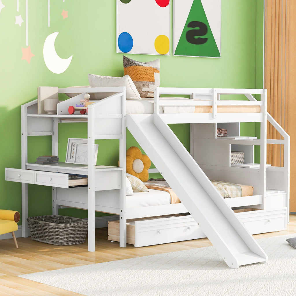 Bunk Bed With Storage Staircase, Slide, Desk, Drawers, And Shelves