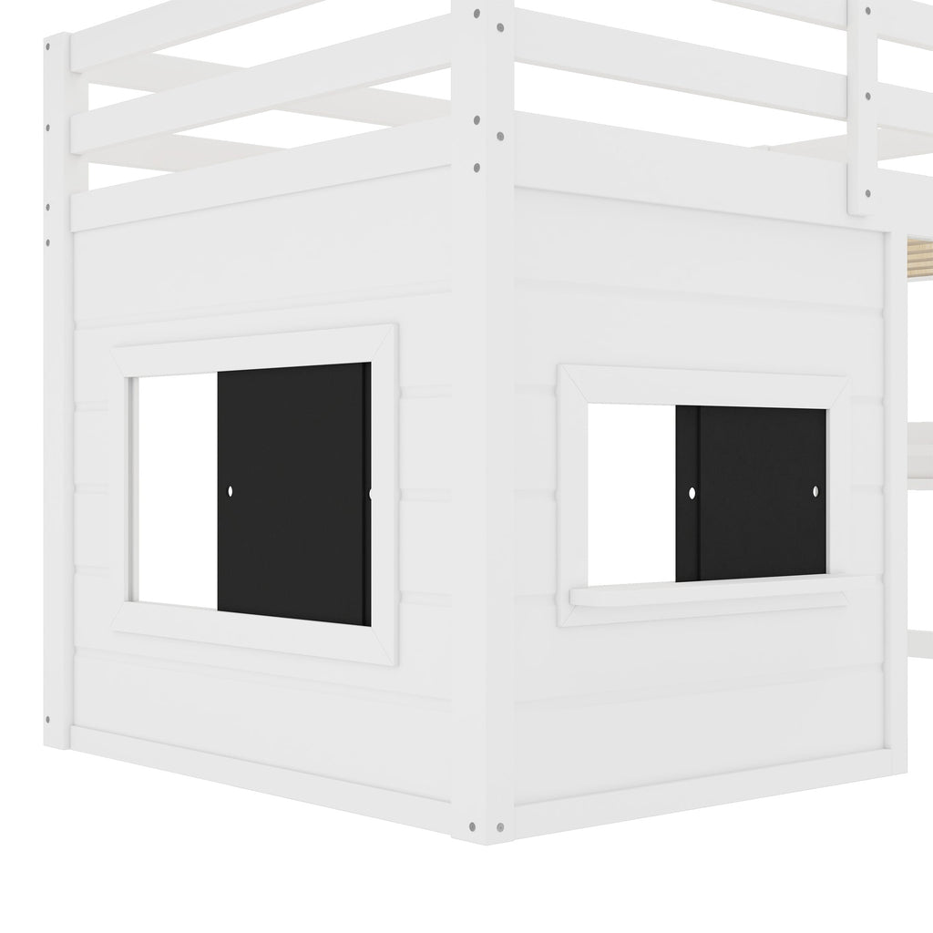 Twin Size Loft Bed with Sliding Chalkboard & Bookshelf - White