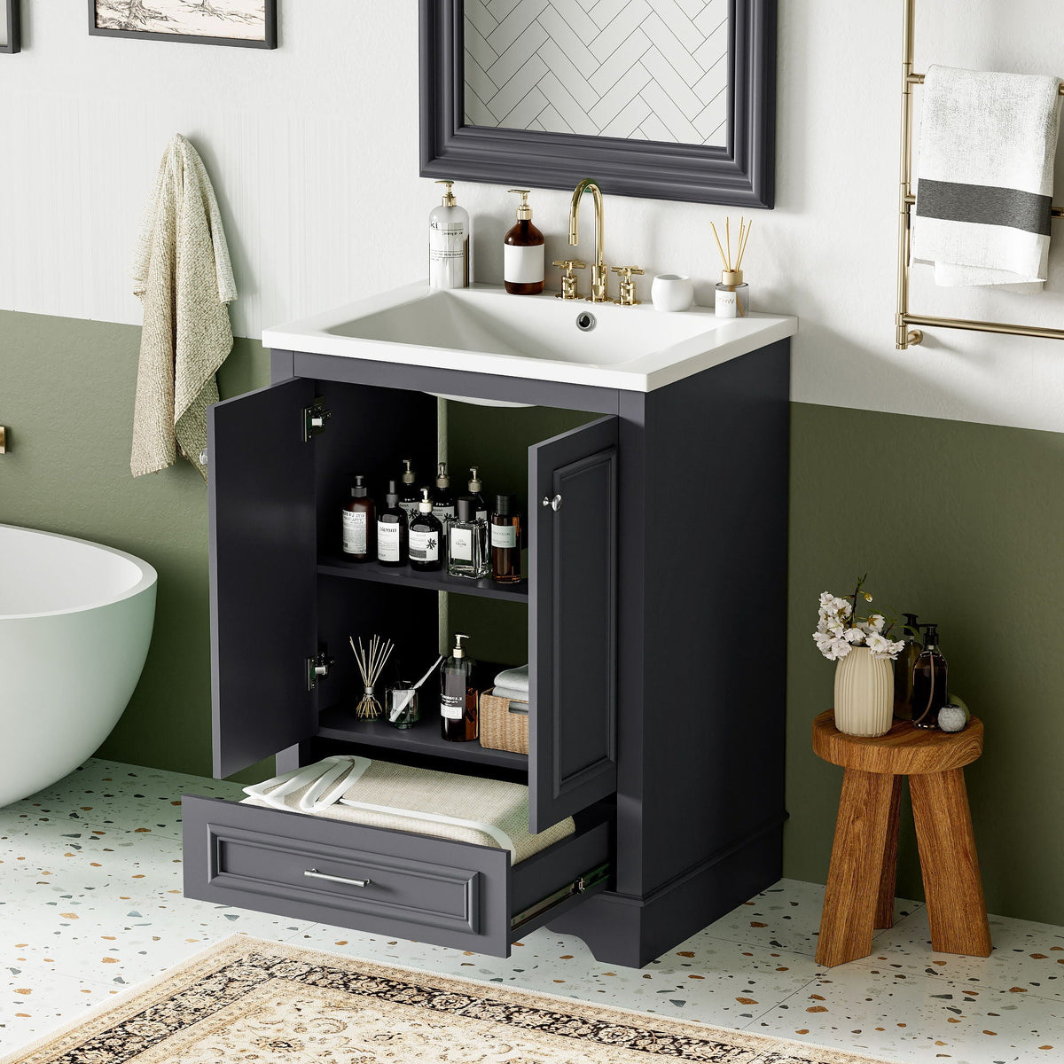 Modern Bathroom Vanity with Ceramic Sink Combo and Storage Cabinet - Multiple Colors