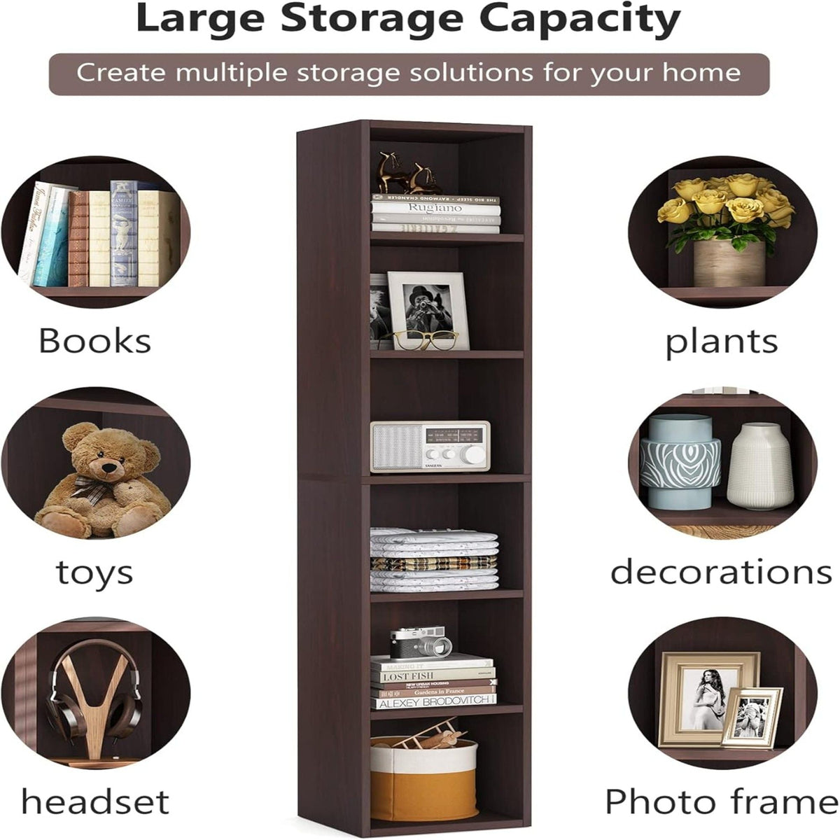 6 Tier Narrow Corner Cube Bookcase with Open Cubes - Light Blue or Dark Brown