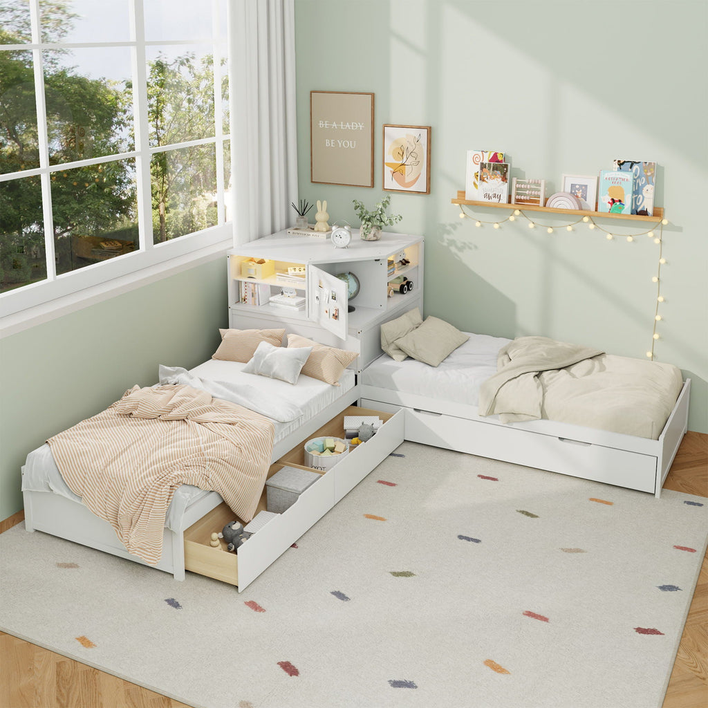 L-Shaped Bed Frame with Trundle, Desk & LED Lighting - Twin