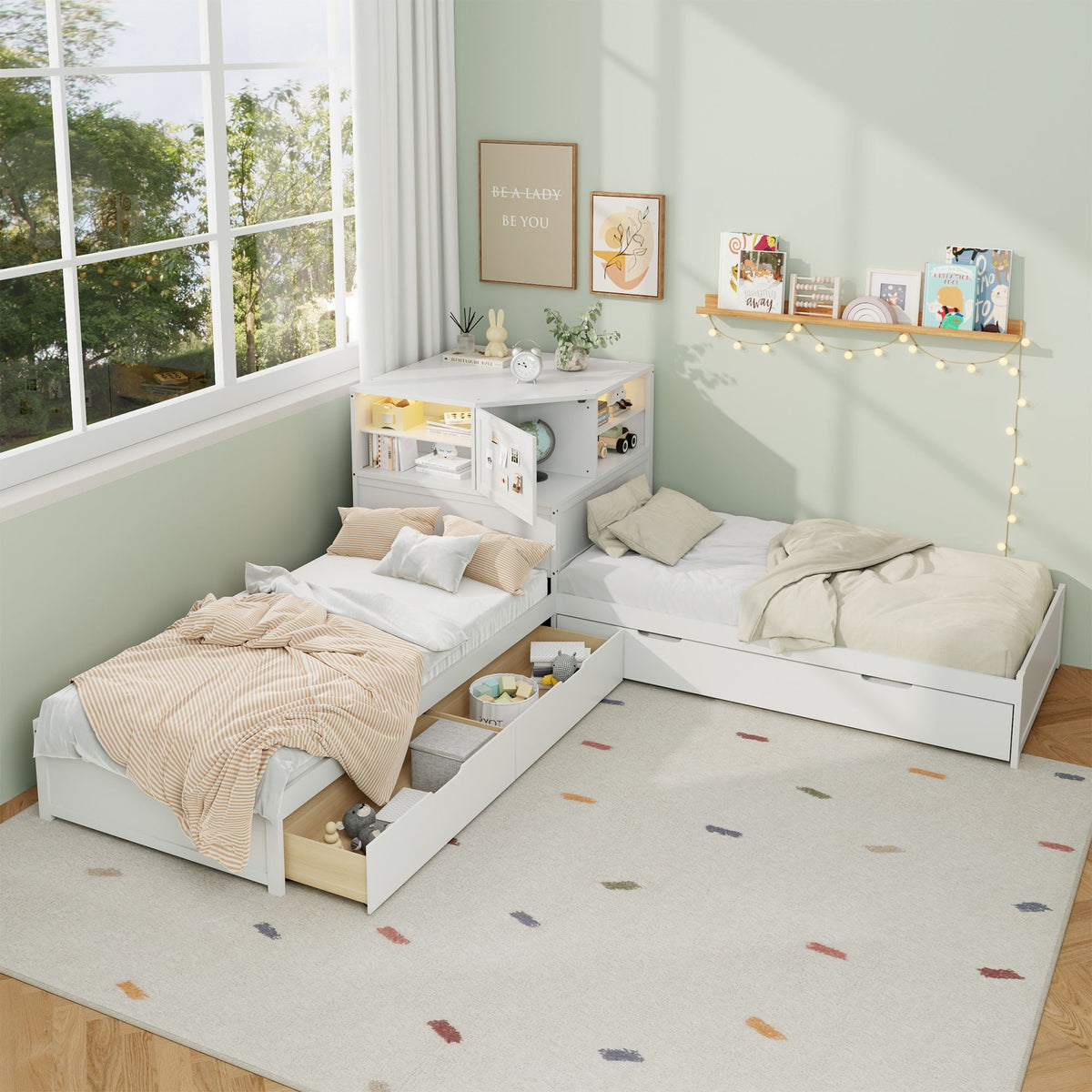 L-Shaped Bed Frame with Trundle, Desk & LED Lighting - Twin