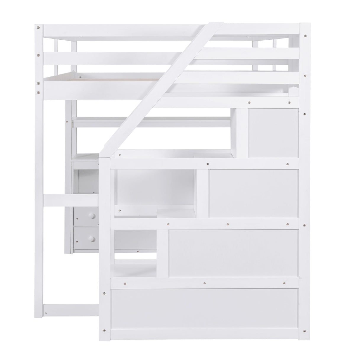 Loft Bed with Desk and Storage Staircase - Full or Twin, White or Gray