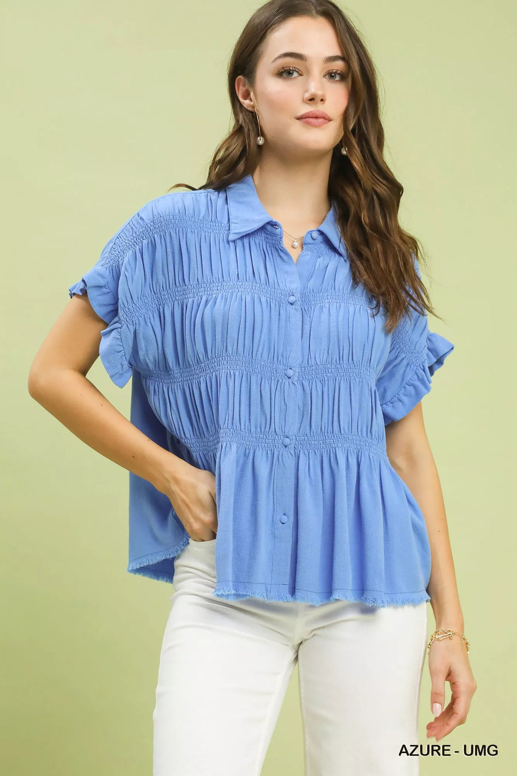Umgee Washed Linen Blend Smocked Shirt