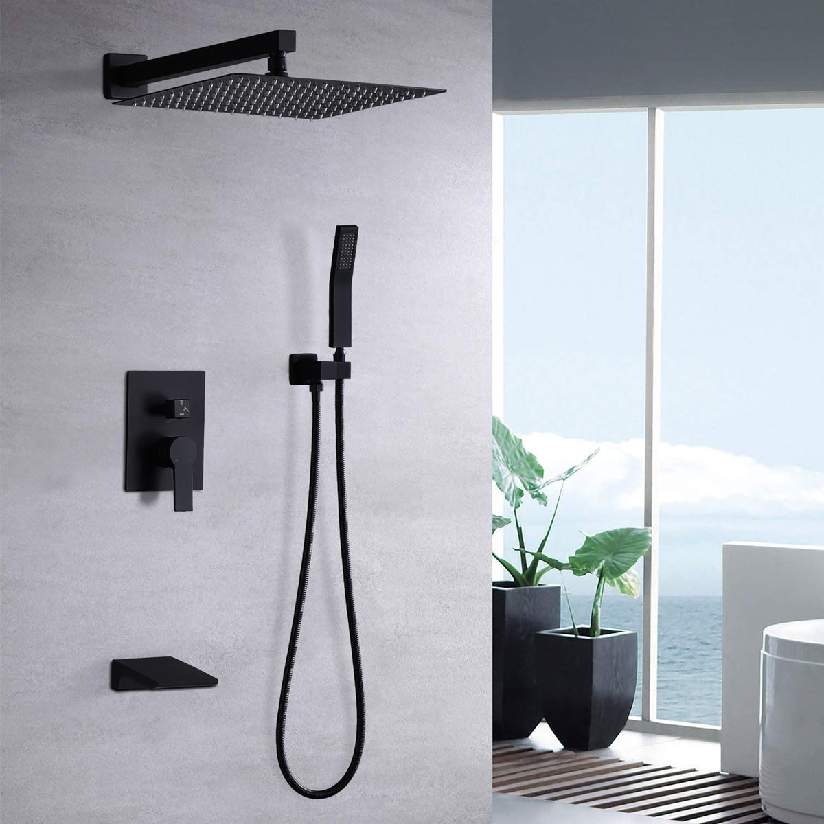 Modern 10" Wall Mounted Rainfall Shower Head System with Handheld Shower - Gold or Black