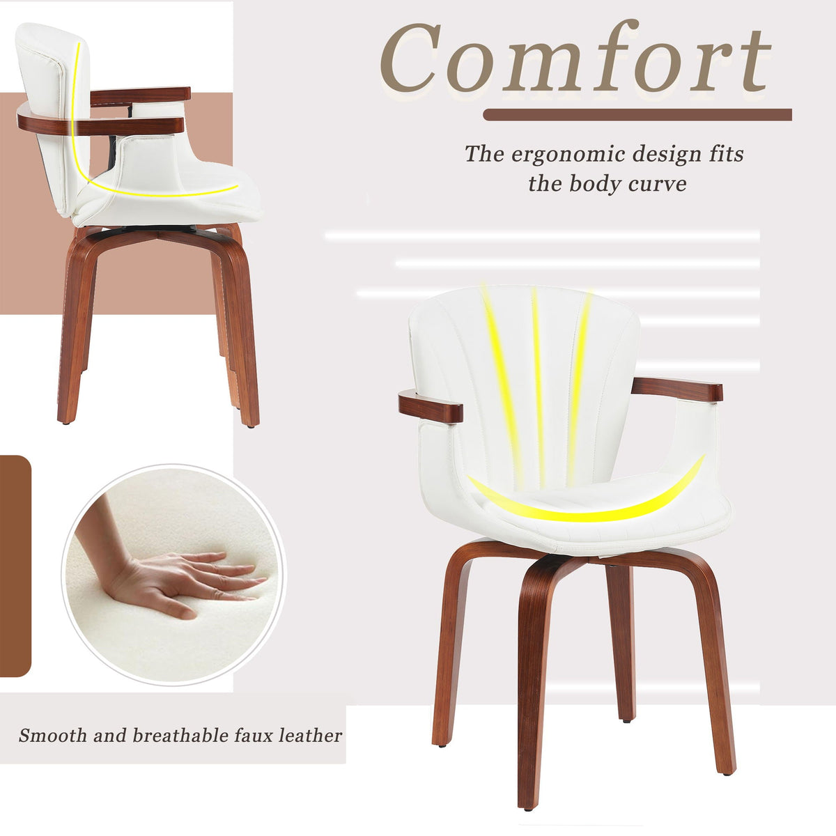 Mid Century Modern Bentwood Swivel Dining Chairs (Set of 2) - White / Walnut