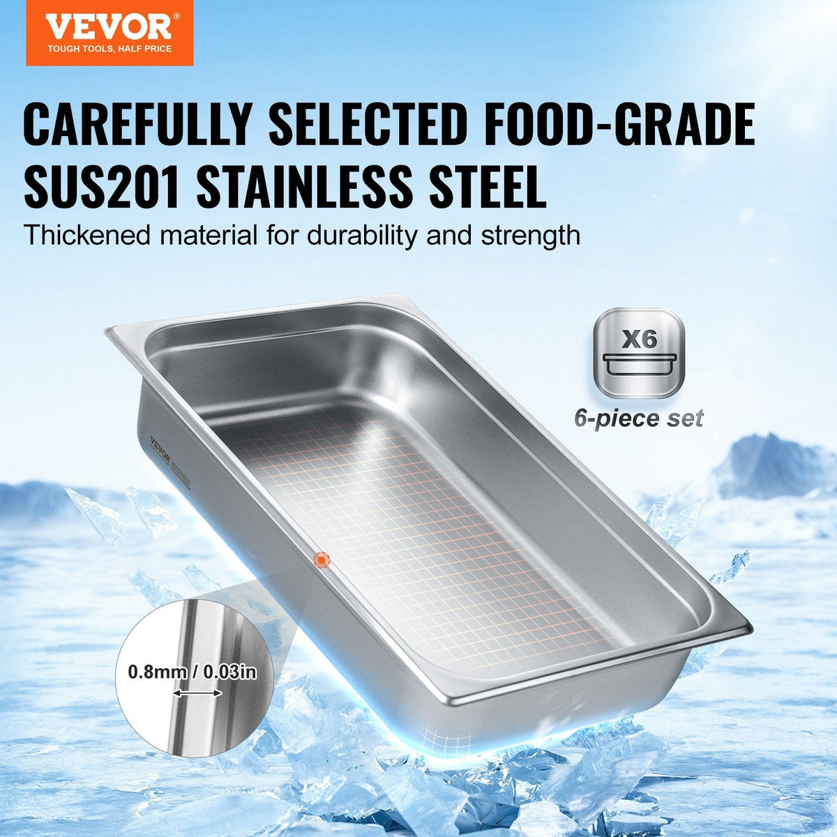 6 Pack Hotel Pans, Full Size Anti-Jam Steam Pan, 0.8mm Thick Stainless Steel Restaurant Steam Table Pan, 4-Inch Deep Commercial Table Pan, Catering Storage Food Pan, for Industrial & Scientific
