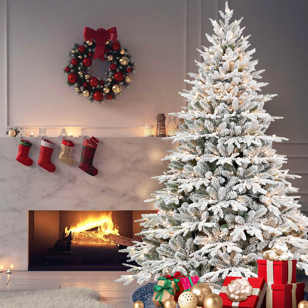 6ft Pre-Lit Flocked Artificial Christmas Tree with 400 Warm White Lights - Flocked