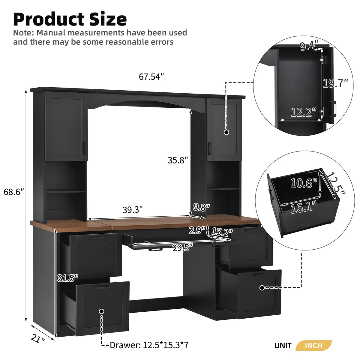 Farmhouse Arched Computer Desk with Hutch - MDF, Walnut & Black