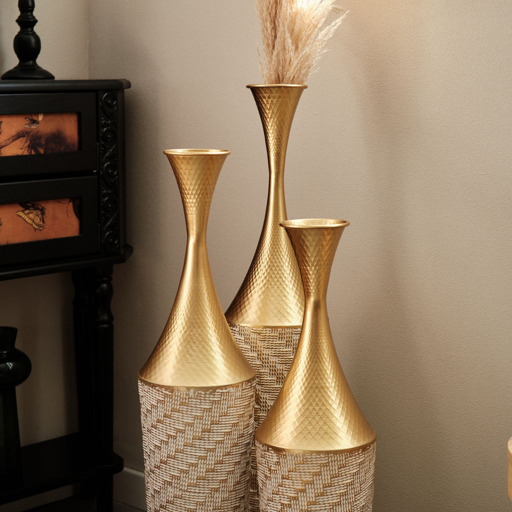 Champagne Floor Metal Vase 3-Piece Set with Woven Pattern - Modern Style