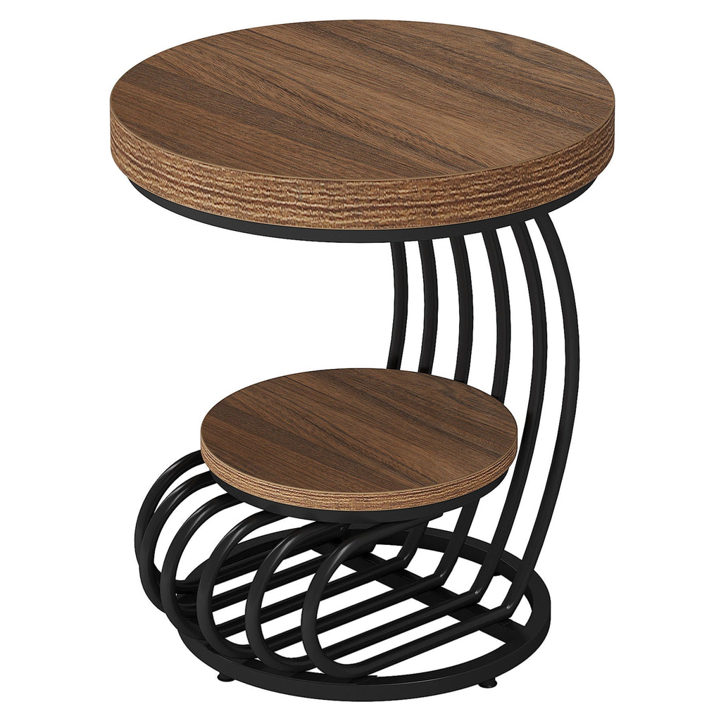 Round Vintage End Table with 2 Tier Storage - Dark Brown, Light Brown, White