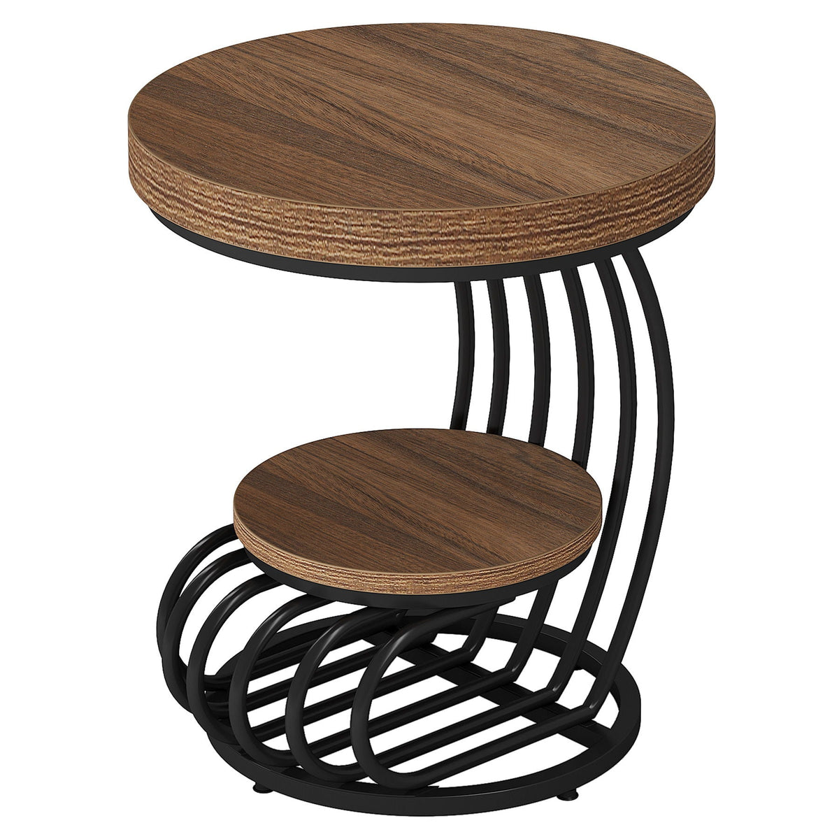 Round Vintage End Table with 2 Tier Storage - Dark Brown, Light Brown, White