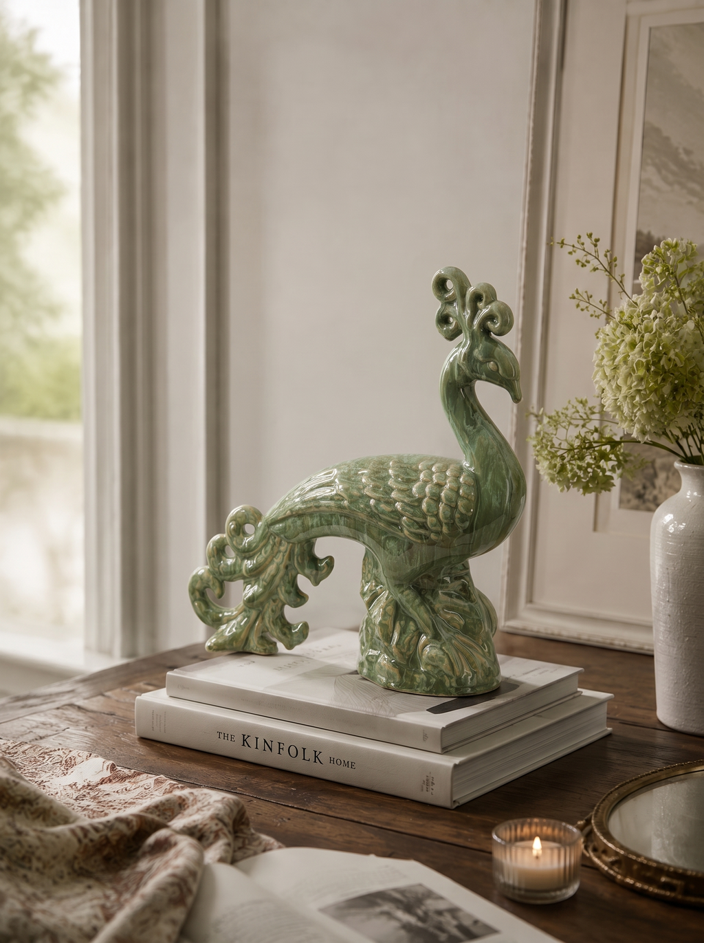 Ceramic Peacock Sculpture with Lustrous Glaze - 14 Inch