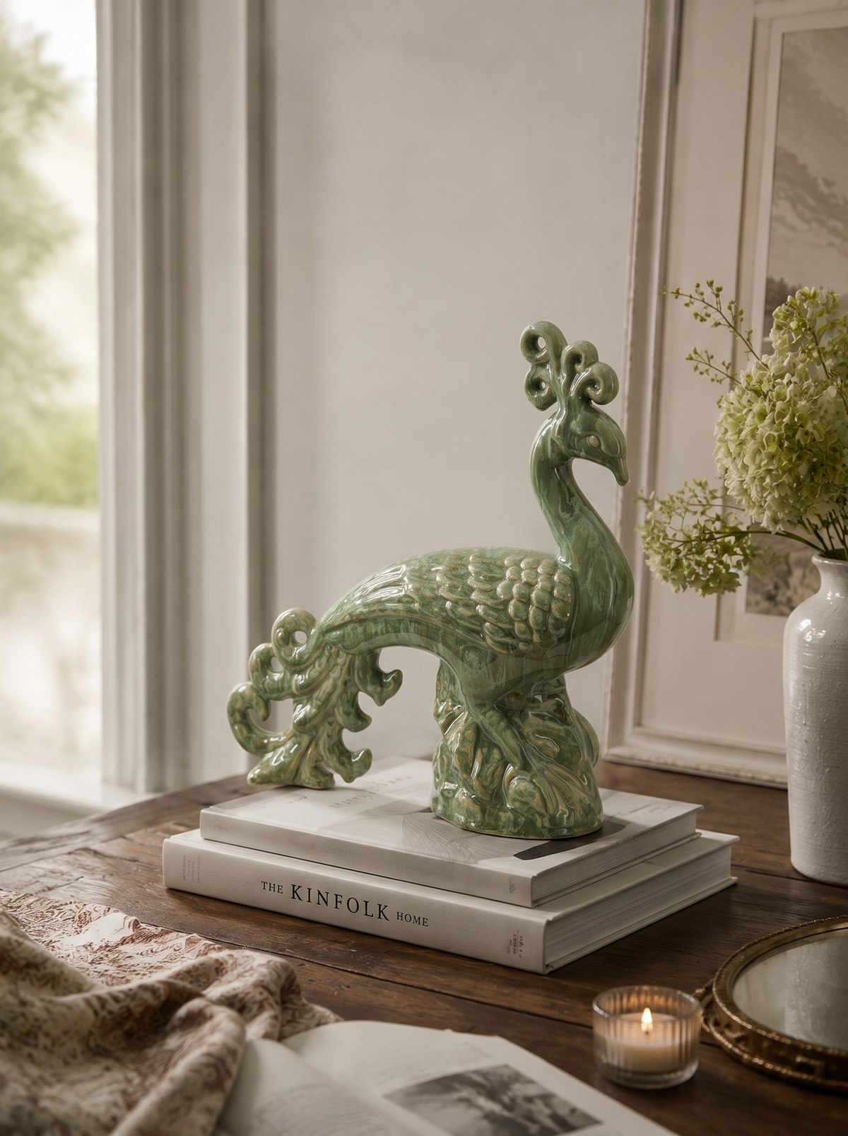 Ceramic Peacock Sculpture with Lustrous Glaze - 14 Inch