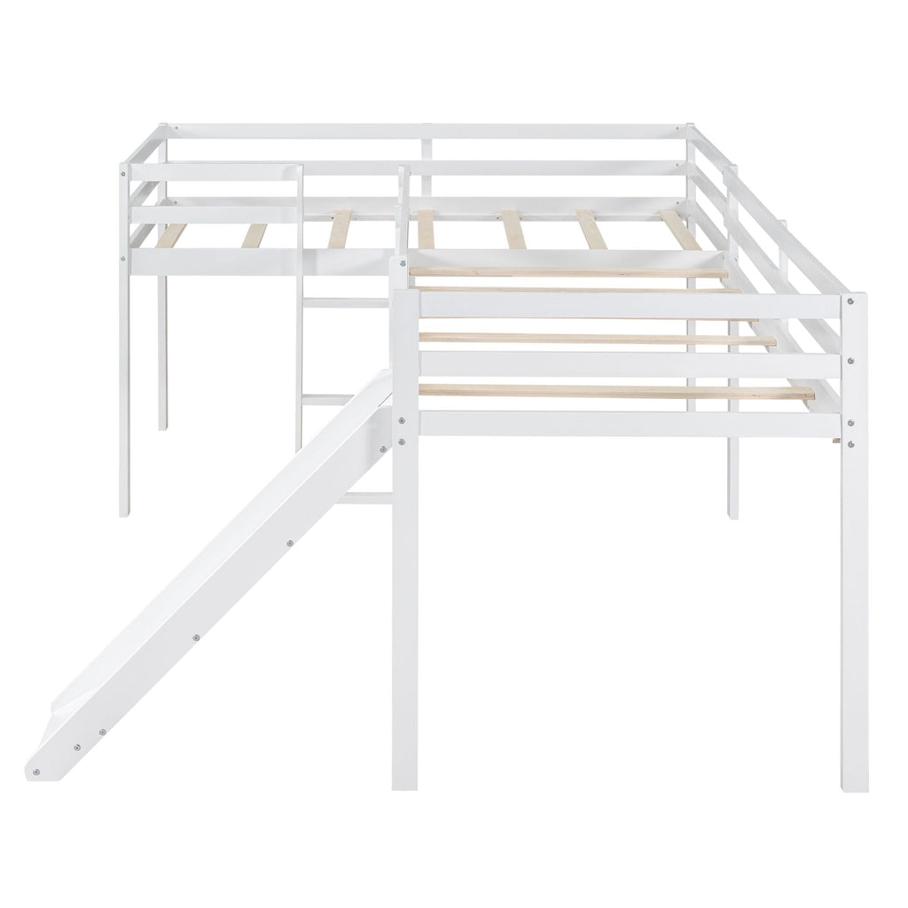 L Shaped Loft Bed with Slide and Ladder - Twin Size, Solid Wood - White or Dark Gray