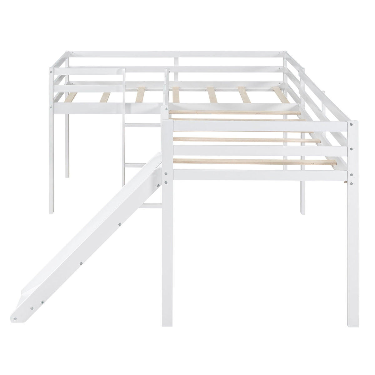 L Shaped Loft Bed with Slide and Ladder - Twin Size, Solid Wood - White or Dark Gray