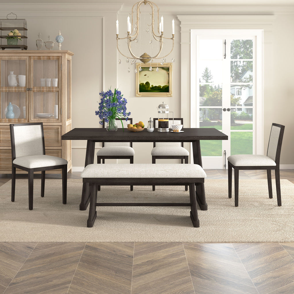 6 Piece Dining Room Set with Upholstered Chairs & Padded Bench - Light or Dark Brown