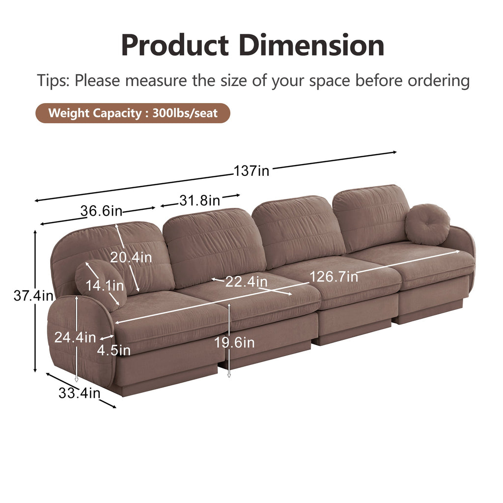 137" Chenille Cloud 4-Seater Sofa with Quilted Cushions - Chenille