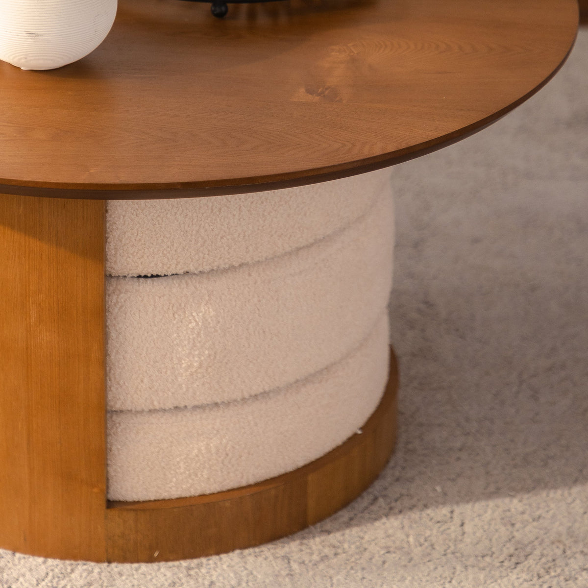 31.5" Round Wood Coffee Table with 3 Teddy Fabric Nesting Stools - Walnut
